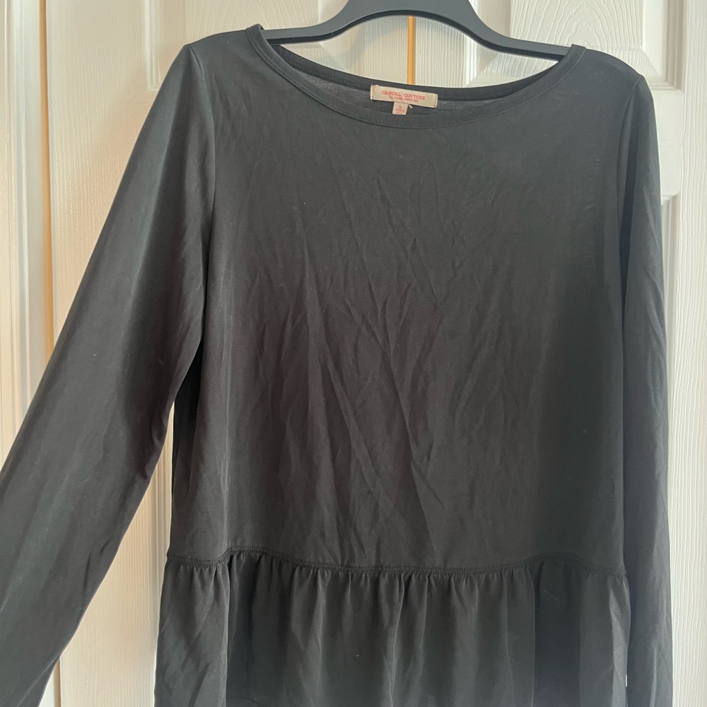 Women's Black Long Sleeve Top with Frilled Peplum Hem